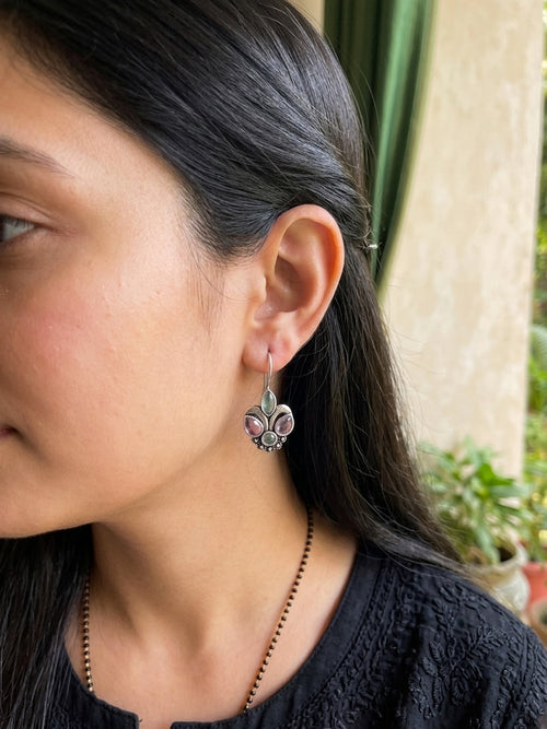 PIHU - German Silver Baby Pink Green Stone Earrings