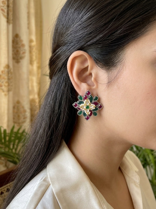MANASI- German Silver Stone Studs With Kundan Work Green Pink