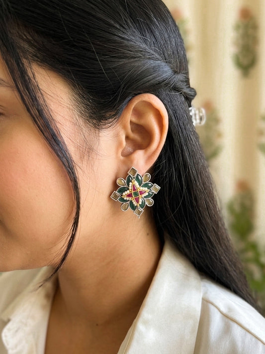MANASI - German Silver Stone Studs With Kundan Work Green