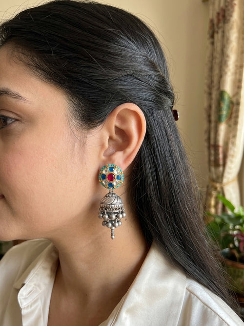 TARA - German Silver Cluster Jhumka With Paachi Kundan Work Blue