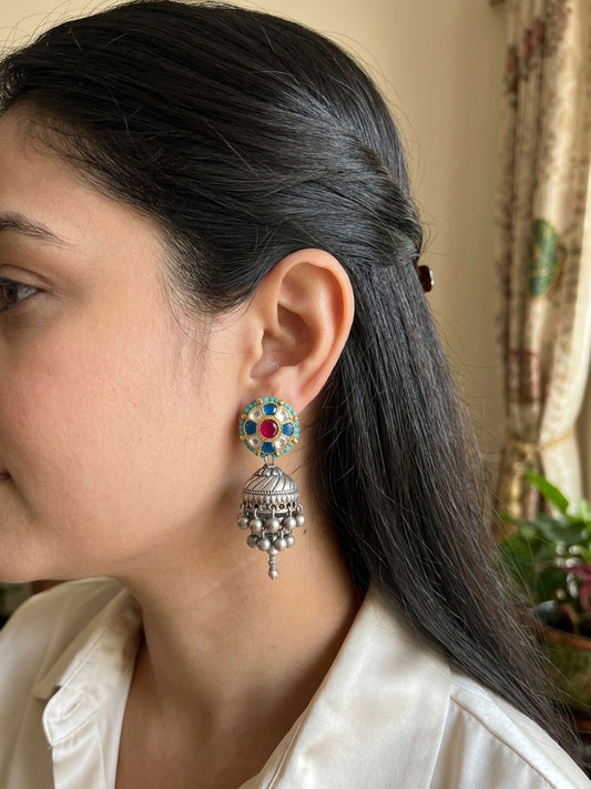 TARA - German Silver Cluster Jhumka With Paachi Kundan Work Blue