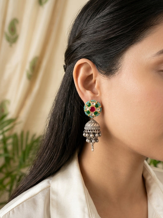 TARA - German Silver Cluster Jhumka With Paachi Kundan Work Green