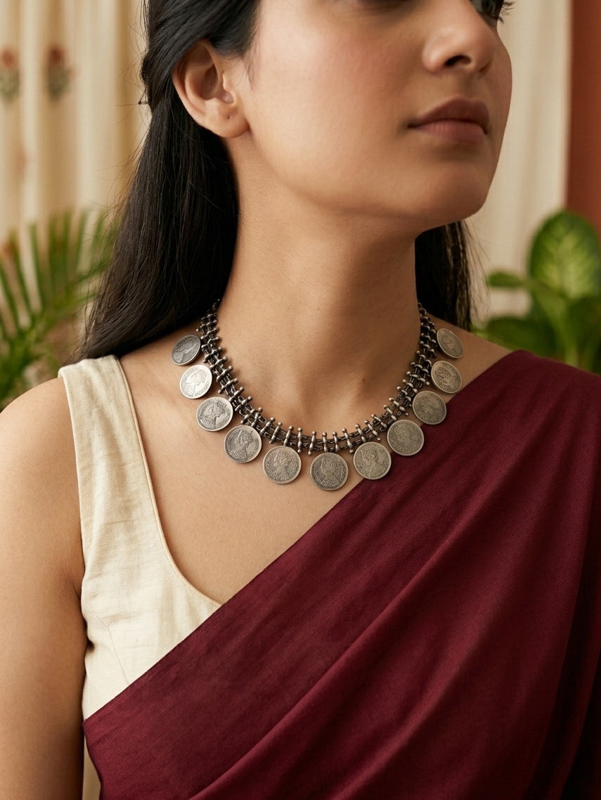 NIYATI - Brass Short Neckpiece With Silver Plating Coins