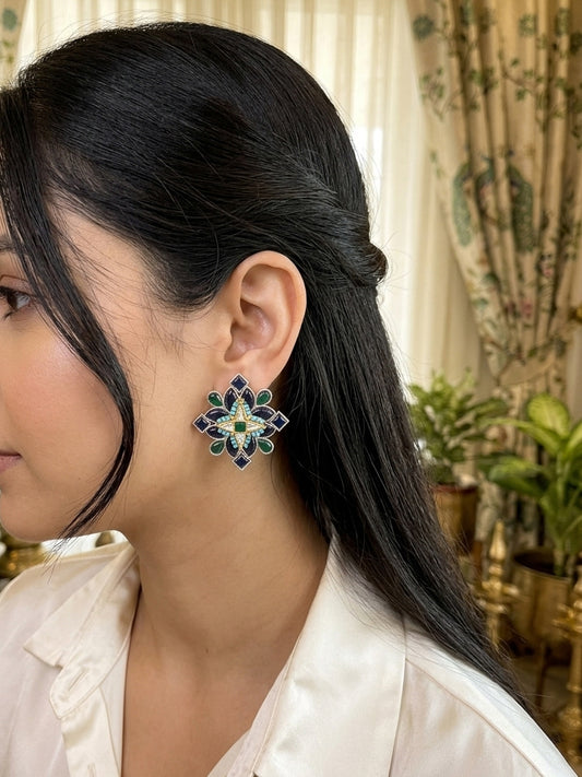 MANASI- German Silver Stone Studs With Kundan Work Royal Blue