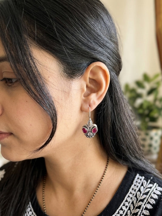 PIHU- German Silver Magenta Clear Stone Earrings