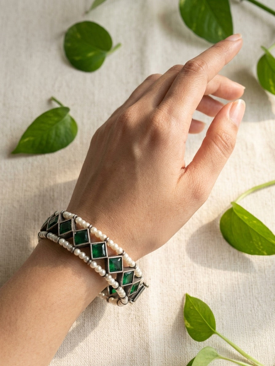 ABHILASHA - Brass Kada Bangle With Silver Plating With Green Stones And Moti