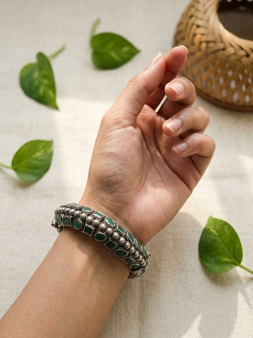 TARINI - Brass Kada Bangle With Silver Plating And Green Stones