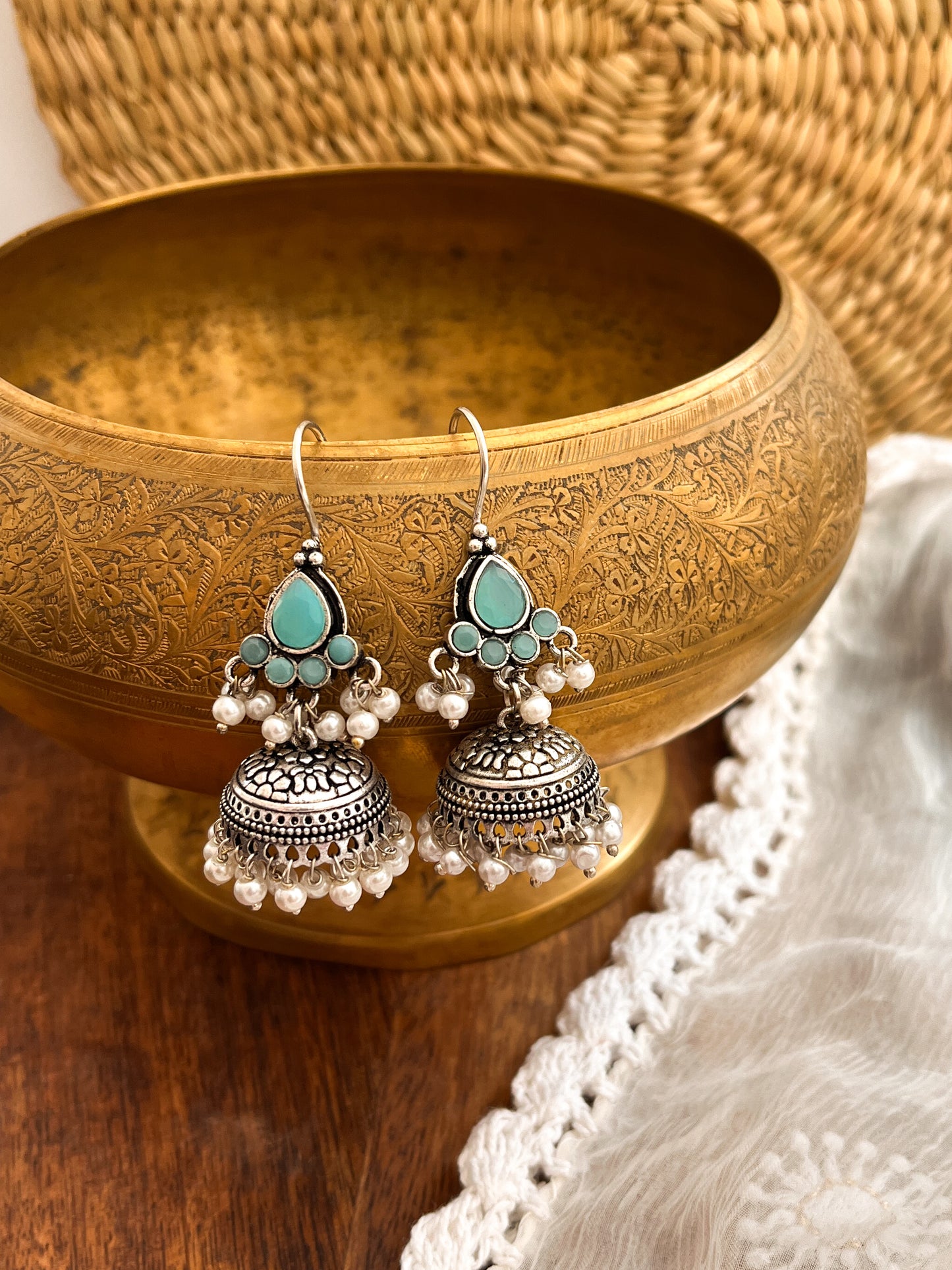 ROZANA- German Silver Studded Jhumka-Sea Green