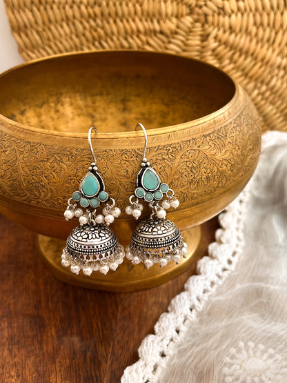 ROZANA- German Silver Studded Jhumka-Sea Green