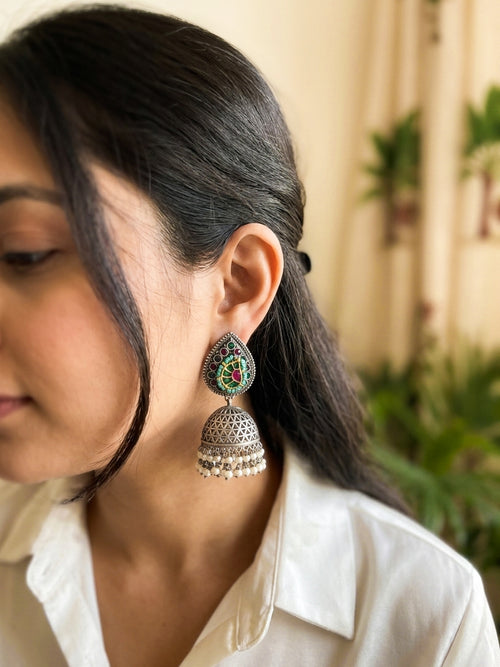 AISHWARYA - German Silver Stone Jhumka With Kundan Work