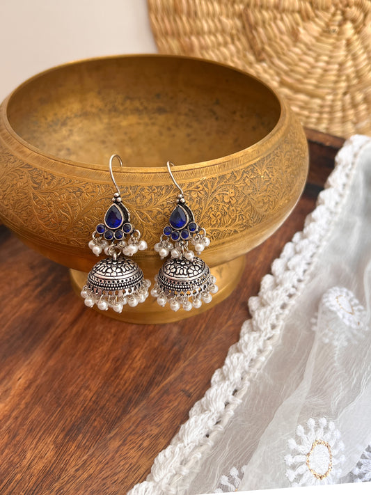 ROZANA- German Silver Studded Jhumka-Blue
