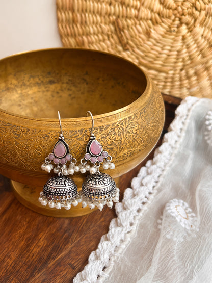 ROZANA- German Silver Studded Jhumka- Baby Pink