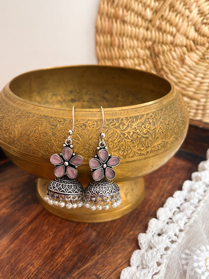 ROZANA- German Silver Studded Jhumka- Baby Pink