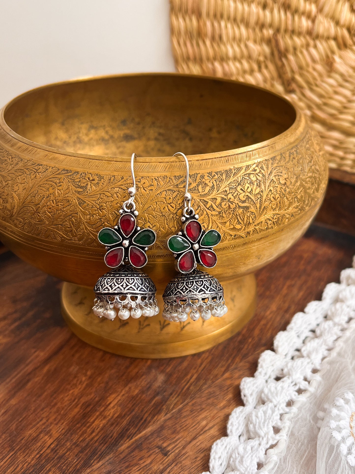 ROZANA- German Silver Studded Jhumka- Pink and Green