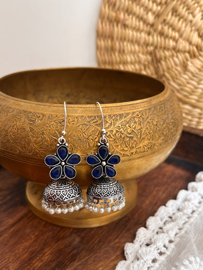 ROZANA- German Silver Studded Jhumka- Blue
