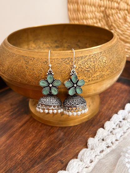 ROZANA- German Silver Studded Jhumka-Sea Green