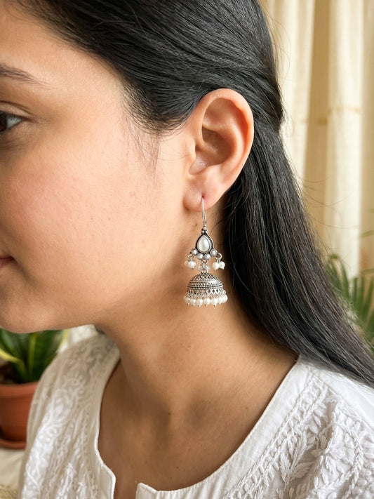 ROZANA- German Silver Studded Jhumka- White