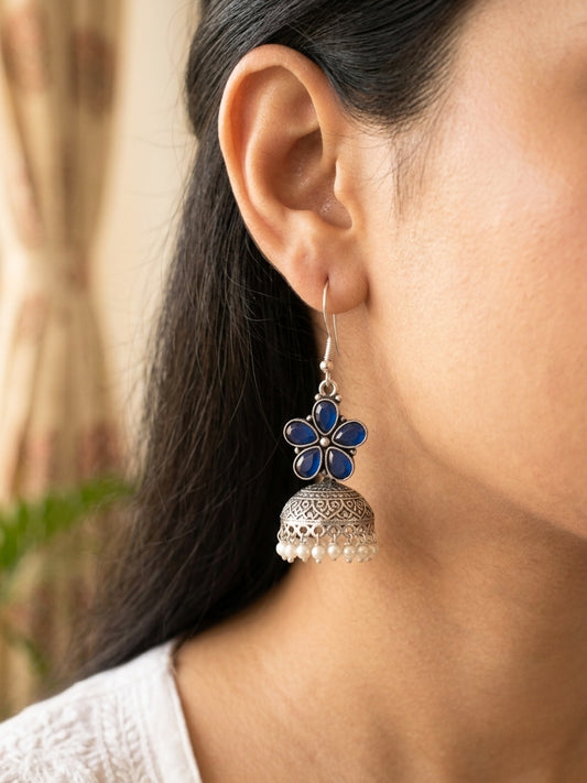 ROZANA- German Silver Studded Jhumka- Blue