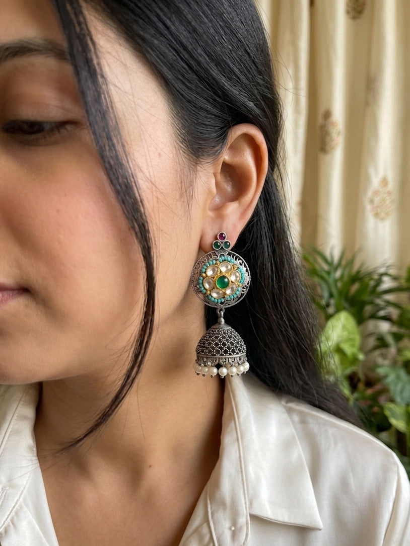 MOHINI - German Silver Jhumka With Paachi Kundan Studs Blue