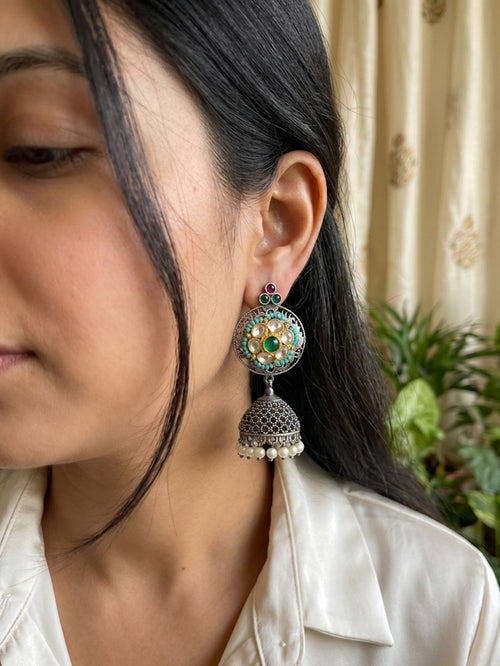MOHINI - German Silver Jhumka With Paachi Kundan Studs Blue