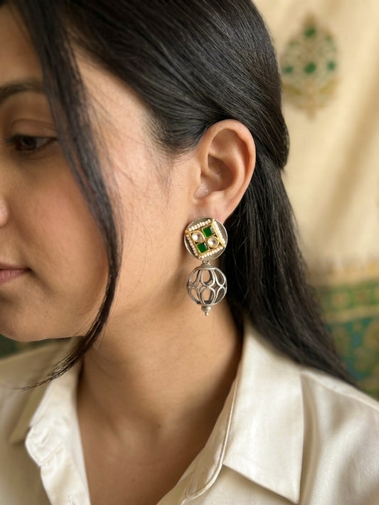 YESHVI - German Silver Sperical Dangler With Paachi Kundan Studs Green