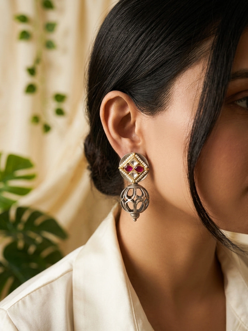 Yeshvi - German Silver Sperical Dangler With Paachi Kundan Studs Pink