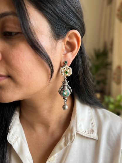 ROOPSUNDARI - German Silver Kalash Dangler With Paachi Kundan Work Green