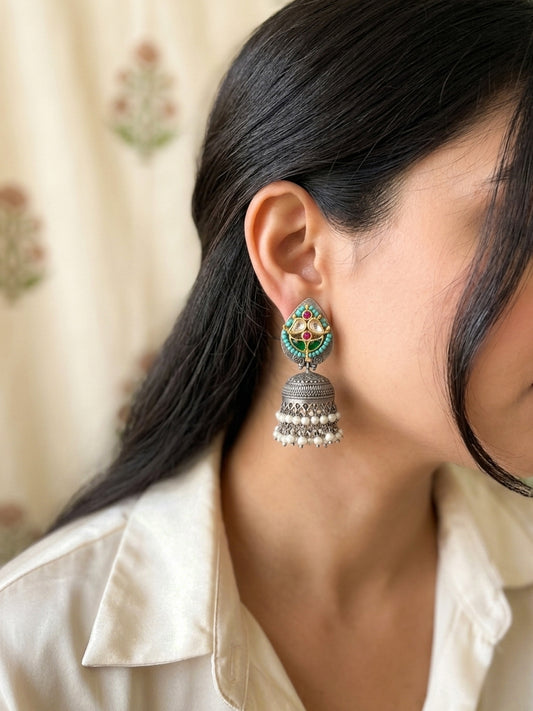 MENAKA- German Silver Jhumka With Paachi Kundan Work Blue