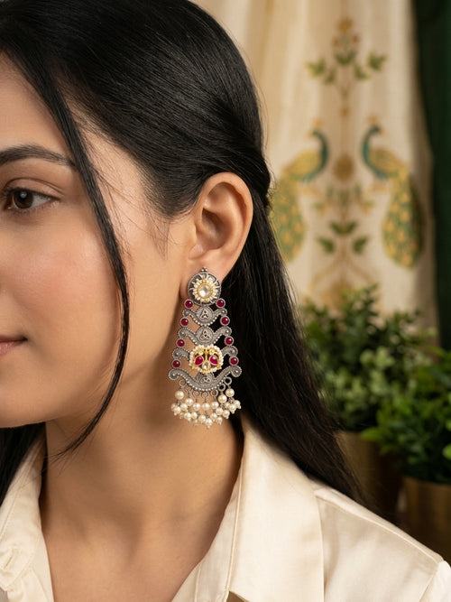 NAINA - German Silver Structured Dangler With Paachi Kundan Work Pink