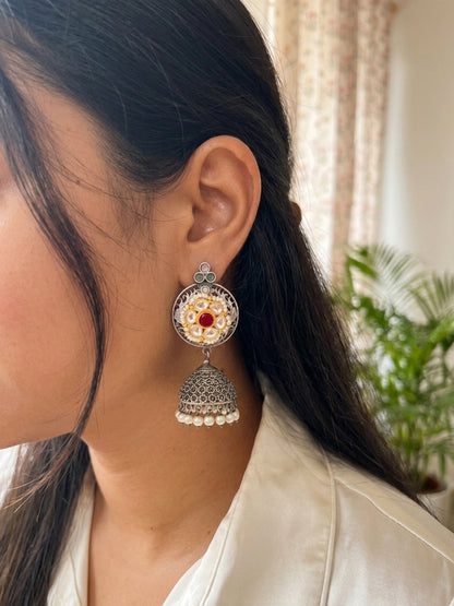 MOHINI- German Silver Jhumka With Paachi Kundan Studs White