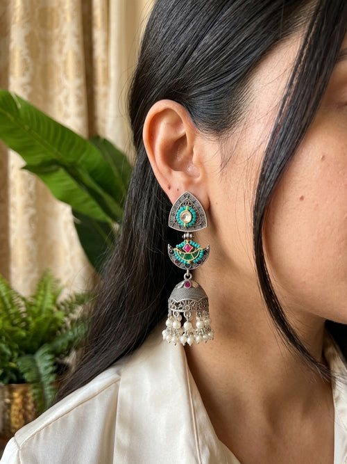 VEERA - German Silver Long Jhumka With Paachi Kundan Work