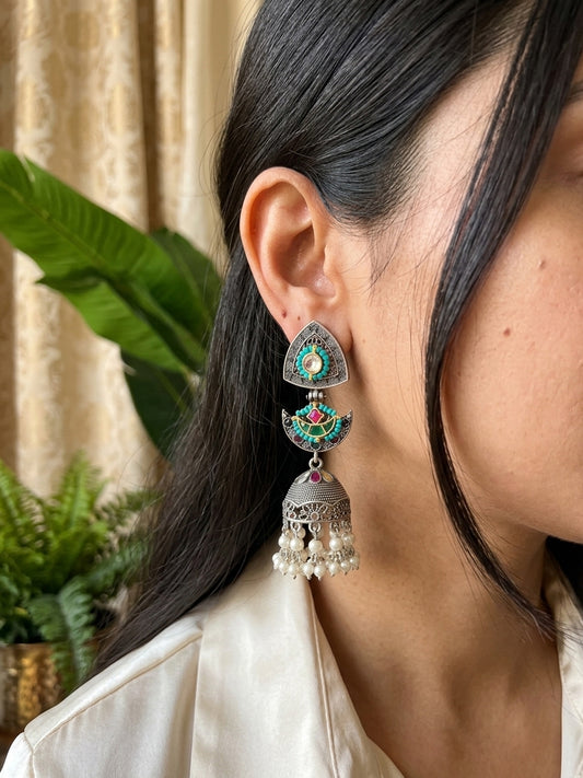VEERA - German Silver Long Jhumka With Paachi Kundan Work
