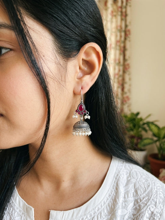 ROZANA- German Silver Studded Jhumka-Pink