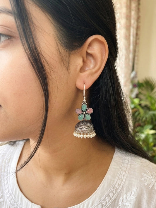 ROZANA- German Silver Studded Jhumka- Green And Baby Pink