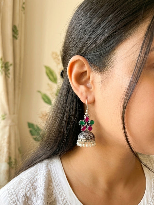 ROZANA- German Silver Studded Jhumka- Pink and Green