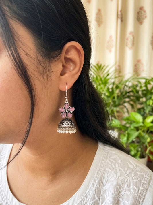 ROZANA- German Silver Studded Jhumka- Baby Pink