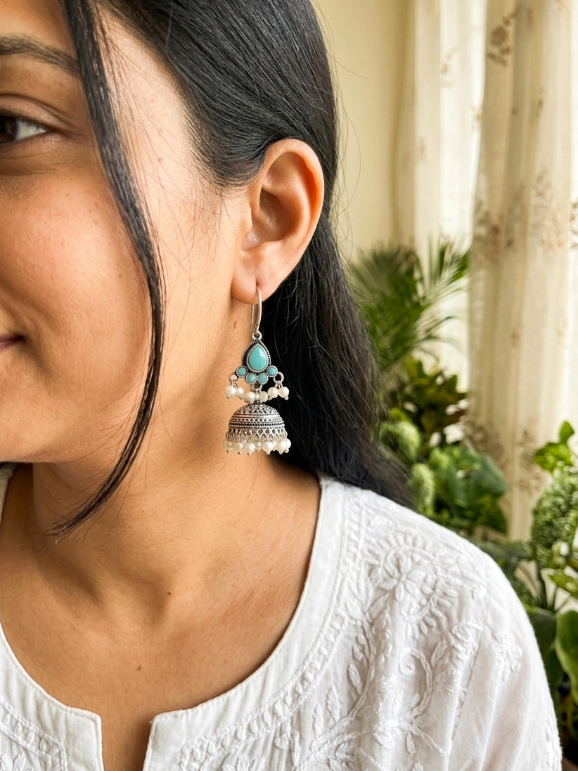 ROZANA- German Silver Studded Jhumka-Sea Green