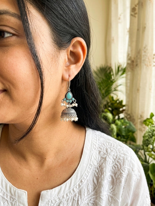 ROZANA- German Silver Studded Jhumka-Sea Green
