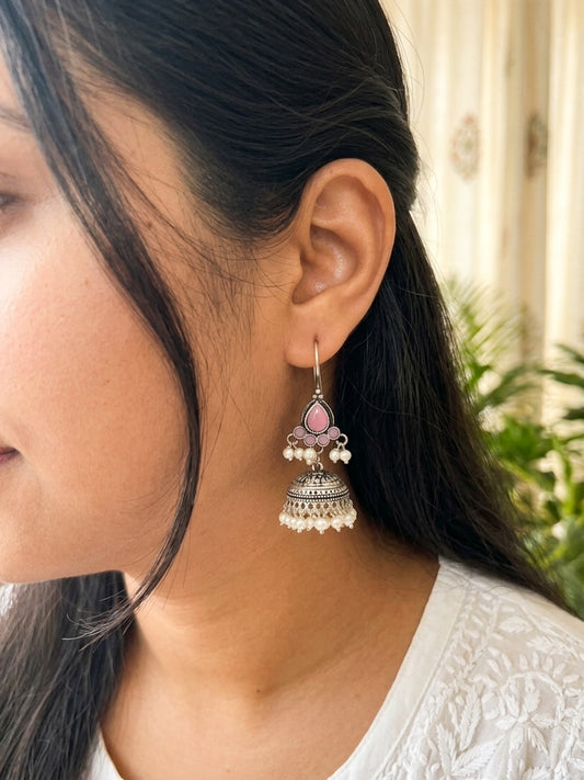 ROZANA- German Silver Studded Jhumka- Baby Pink