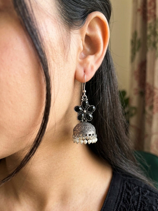 ROZANA- German Silver Studded Jhumka- Black