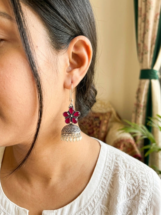 ROZANA- German Silver Studded Jhumka-Pink