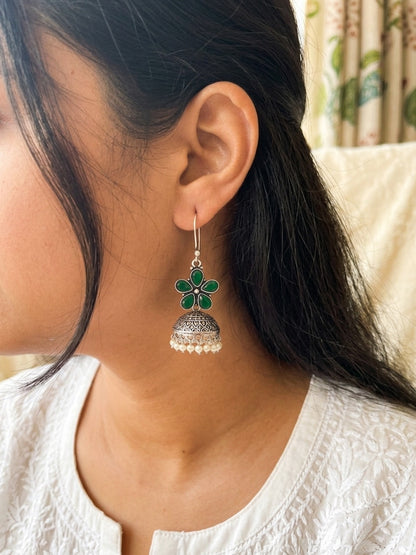 ROZANA- German Silver Studded Jhumka- Green