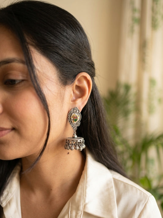 ASHINA - German Silver Flat Jhumka With Paachi Kundan Work Green