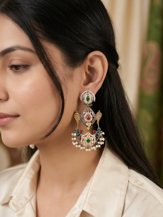 MEHERUNISA- German Silver Dual Tone Danglers With Paachi Kundan Work Pink Green