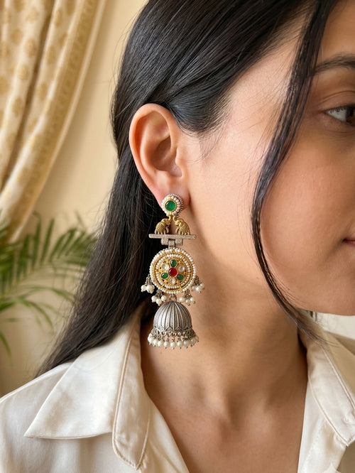 PARINITA - German Silver Dual Tone Jhumka With Beautiful Kundan Work Green