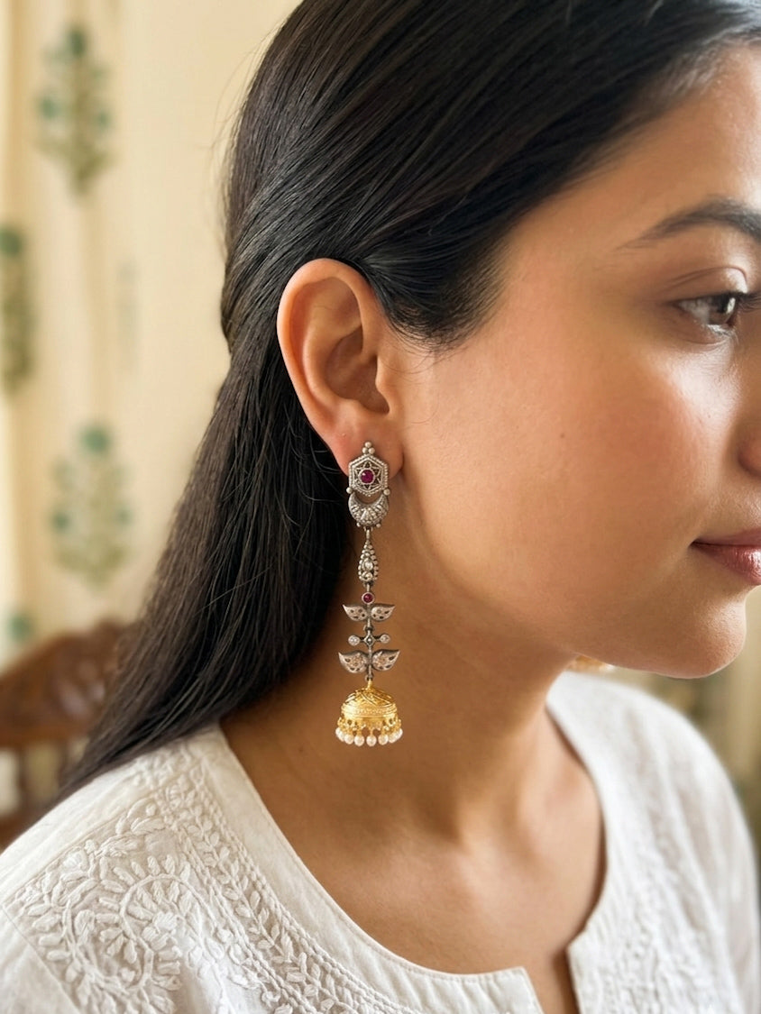 JHANVI- Dual Tone German Silver Long Jhumka Earing with Pink and White Stones