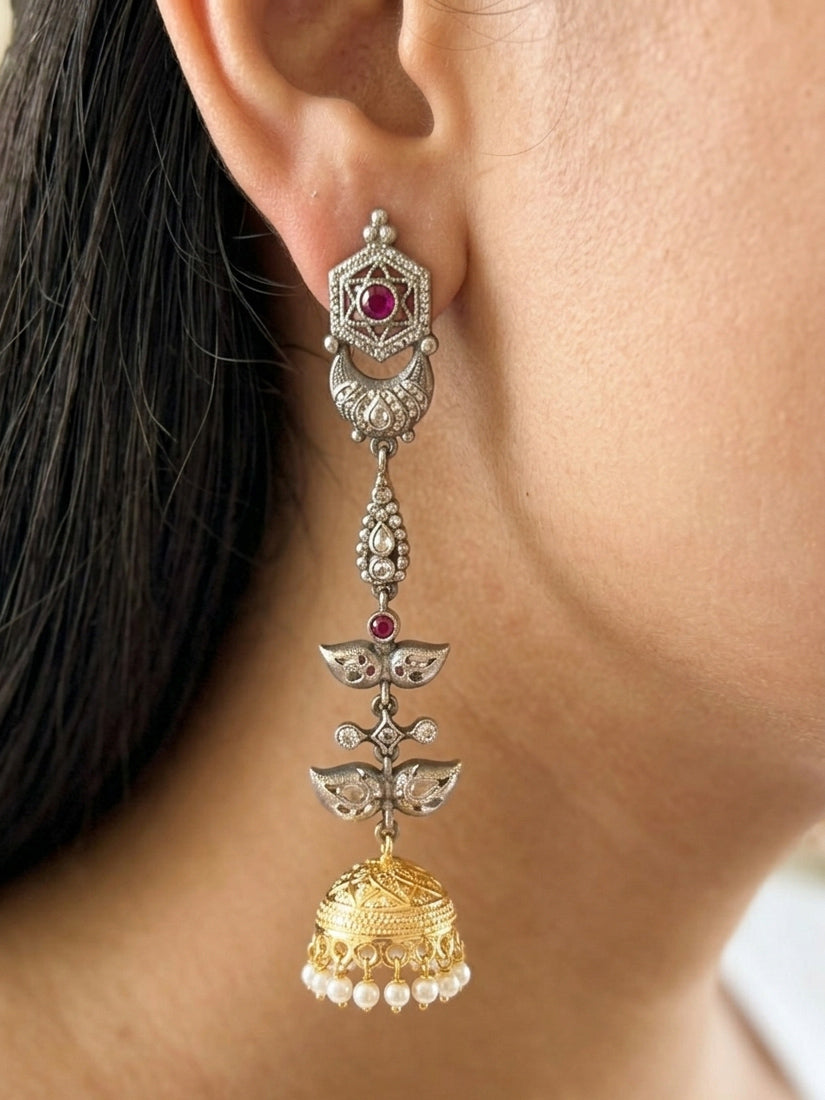 JHANVI- Dual Tone German Silver Long Jhumka Earing with Pink and White Stones
