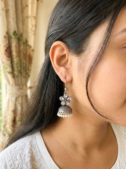 ROZANA- German Silver Studded Jhumka-White