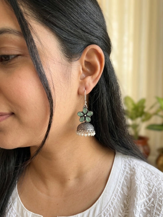 ROZANA- German Silver Studded Jhumka-Sea Green