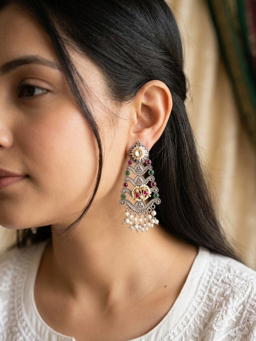 NAINA- German Silver Structured Dangler With Paachi Kundan Work Green Pink